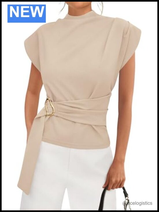 Tops - Mock Neck Cap Sleeve Tunic Blouse with Gold Buckle Front and Back Zipper